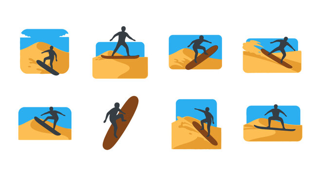 Set of Sandboarding Icons Featuring People Riding Dunes