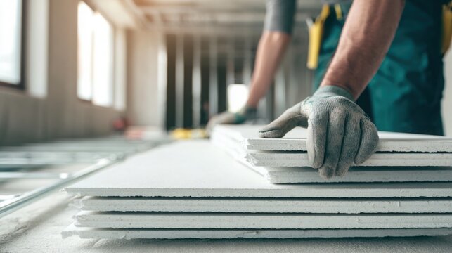 Close up of stacked drywall sheets with a construction worker fastening gypsum boards to a metal frame in the background, representing interior