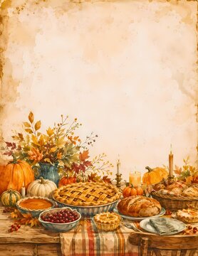 A beautiful autumn harvest table laden with festive foods, pumpkins, and fall foliage, perfect for Thanksgiving or any fall celebration. The warm.