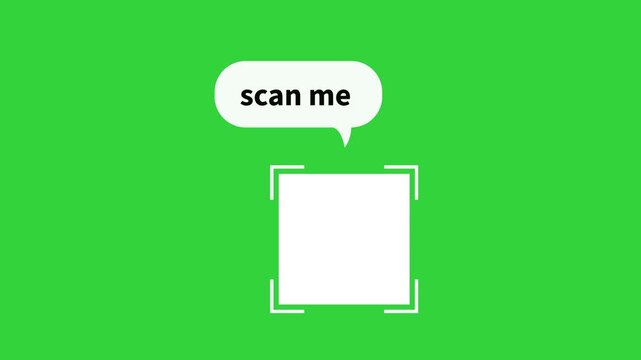 A green background with a white square frame for qr code  and a speech bubble saying scan me.