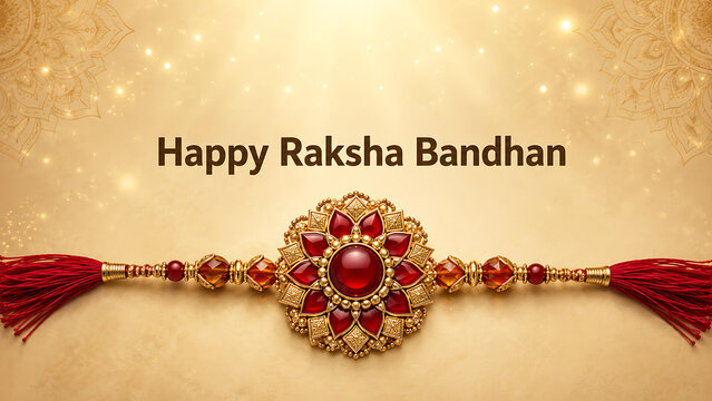 Happy raksha bandhan golden festive background with radiant red gemstone rakhi symmetrical tassels glowing sparkles and traditional rakhi purnima celebration design concept