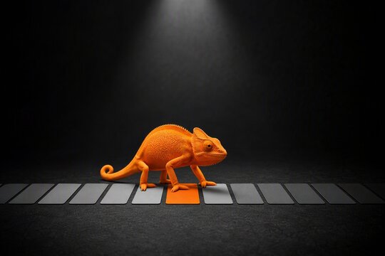 Chameleon turns orange on single bright card among grey