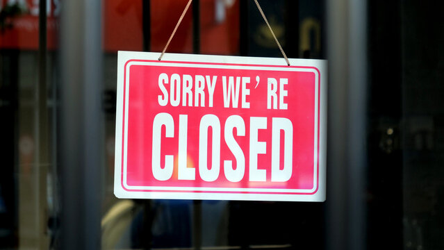 Closed sign, store, window, business, red, sorry, shop, red sorry we are closed sign hanging on shop front glass door