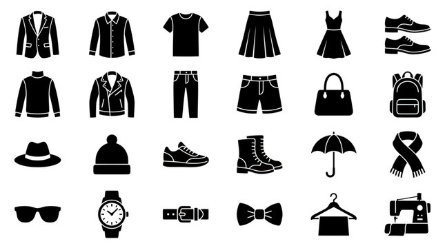 Set Of Various Clothing And Fashion Accessory Icons On A White Background