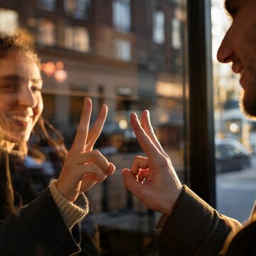 Hands signing on both sides of warm reflective cafe glass