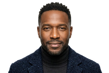 Fototapeta premium Man is looking at camera with confident expression while wearing a dark sweater. Bright and clean background enhances the focus on the subject