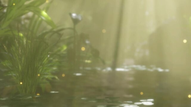 Light filters through green leaves onto a pond in a forest. The surface is calm, with plants along the edges and soft reflections in the water.