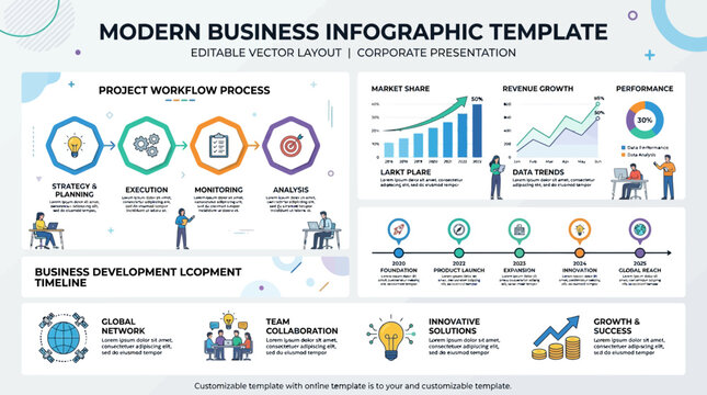 Modern business infographic template with various charts, workflows, timelines, and business icons for corporate presentations