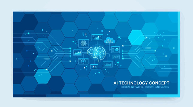 Abstract blue digital background representing artificial intelligence and global machine learning networks with circuit patterns and data visualization icons