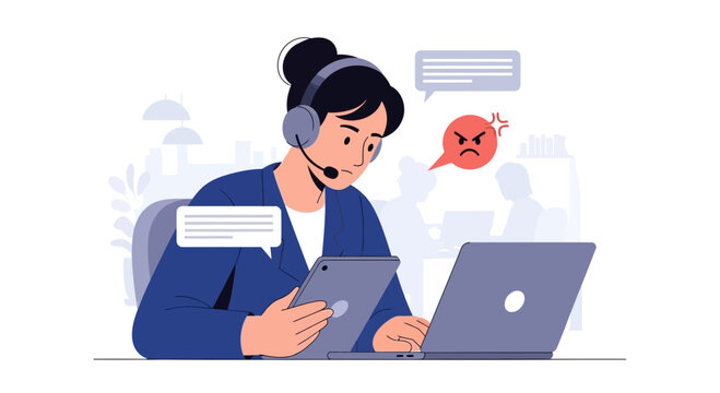 Frustrated Customer Service Agent with Tablet and Laptop, Angry Chat Icon