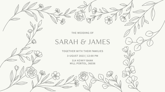 Elegant wedding invitation card design with delicate floral frame and botanical line art
