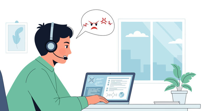 Angry Customer Service Agent with Headset on Laptop, Frustrated Emotion