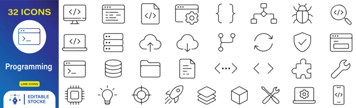 32 Programming Vector Outline Icons Set &ndash; Coding, Software Development, Source Code, Developer Tools and Programming Language Line Symbols Collection.