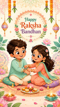 Happy raksha bandhan cheerful cartoon sister tying colorful rakhi on brother during festive rakhi purnima celebration with flowers lamps and sweets decorations