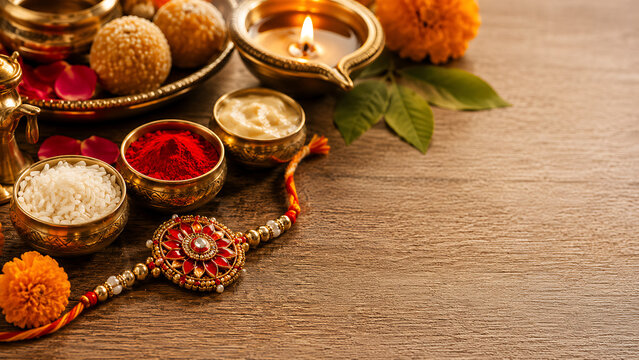 Happy raksha bandhan traditional jeweled rakhi beside kumkum rice sweets marigold and glowing diya on wooden background celebrating sacred rakhi purnima festival