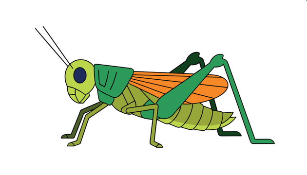 Vibrant colorful green and orange grasshopper insect in side view, detailed botanical vector illustration on white.