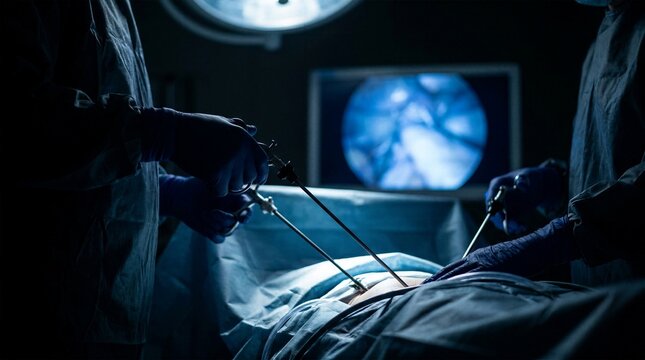 Team of expert surgeons performing minimally invasive laparoscopic abdominal surgery using specialized instruments and internal camera monitors
