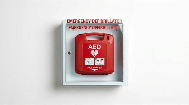 Wall mounted emergency defibrillator device in glass cabinet box for public cardiopulmonary resuscitation and first aid health crisis response