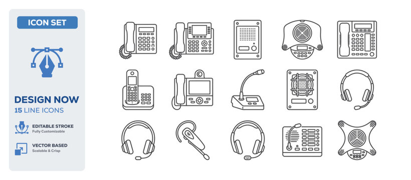 flat vector illustration line art icon bundle set design depicting office desk phones communication headsets and intercom systems for business customer service ui