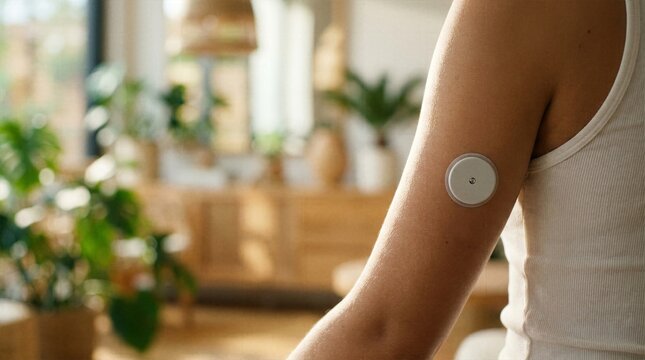 Young woman wearing a modern continuous glucose monitor patch on her arm for diabetes control standing in a bright living room with plants