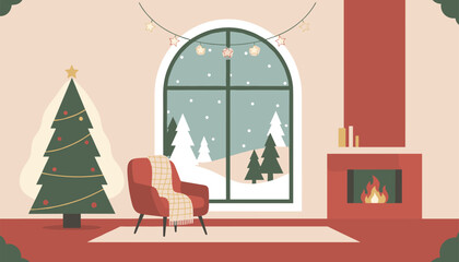 Naklejka premium Cozy winter living room interior decorated for Christmas with a fireplace, armchair, pine tree, and snowy window.
