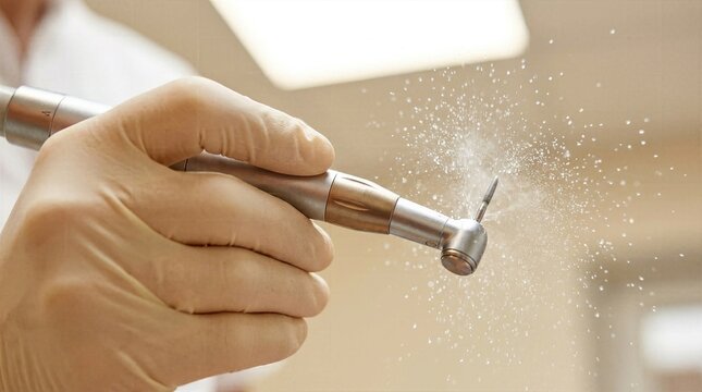 Macro view of professional dentist hand in sterile glove holding high speed dental drill with water spray for oral hygiene treatment