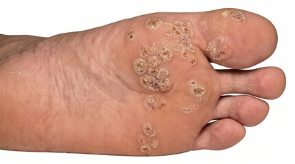Fototapeta premium Dozens of Small Plantar Warts with Red Centers Scattered Across the Foot Sole - Severe Multifocal HPV Infection
