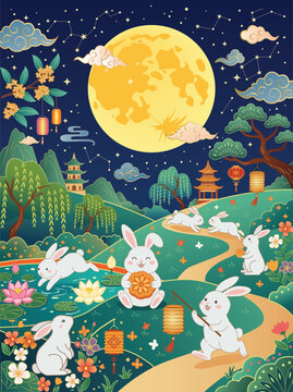 Mid Autumn Festival poster illustration with white rabbits holding mooncakes and lanterns, large full moon, pagodas, lotus pond, starry night sky with Asian clouds.