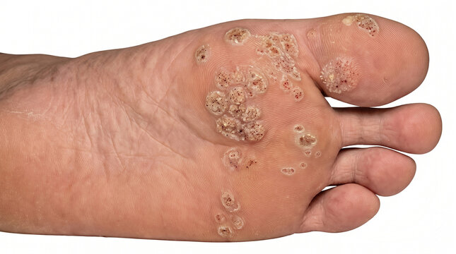 Dozens of Small Plantar Warts with Red Centers Scattered Across the Foot Sole - Severe Multifocal HPV Infection