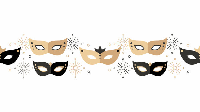 Masquerade masks decorated with gold and black patterns are arranged in a repeating horizontal border.