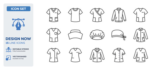 Fototapeta premium flat vector illustration line art icon bundle set design depicting professional uniforms work clothing hospital scrubs chef coats and retail employee apparel fashion