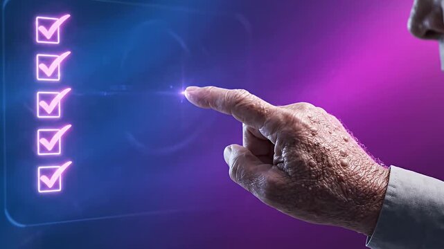 Hand selecting digital option on glowing purple interface.