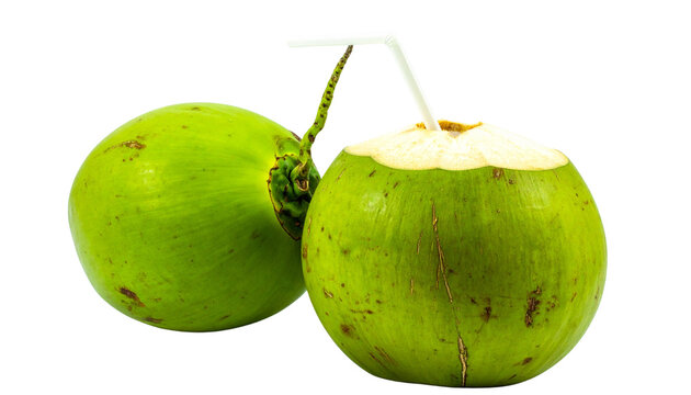 Two fresh green coconuts with one opened and a straw for drinking isolated on solid white background1
