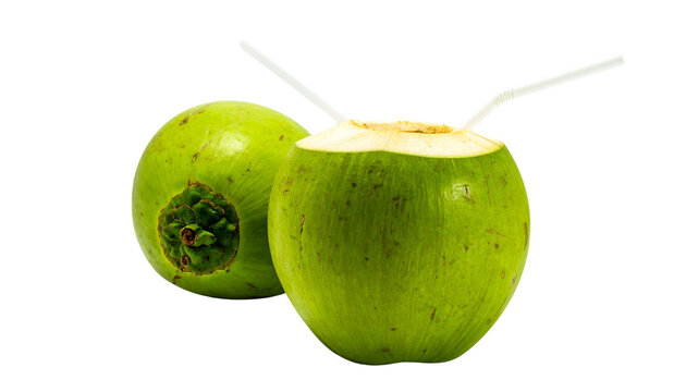 Two fresh green coconuts with one opened and a straw for drinking isolated on solid white background2
