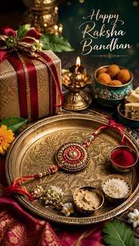 Happy raksha bandhan festive brass thali with jeweled rakhi kumkum rice sweets glowing lamp and wrapped gift celebrating sacred rakhi purnima tradition