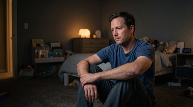 A man sits alone in a dimly lit bedroom, looking dejected. The room is messy and cluttered, with toys and books scattered around