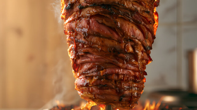 Premium Shawarma Rotisserie with Copy Space on Bright Wooden Background &ndash; Vertical Food Advertising Close Up