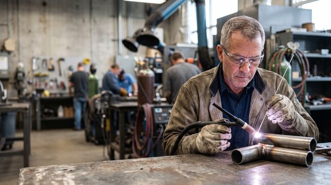 A seasoned welder meticulously working on a metal joint, sparks flying from his welding torch in a bustling workshop. The man wears safety glasses and protective gear.