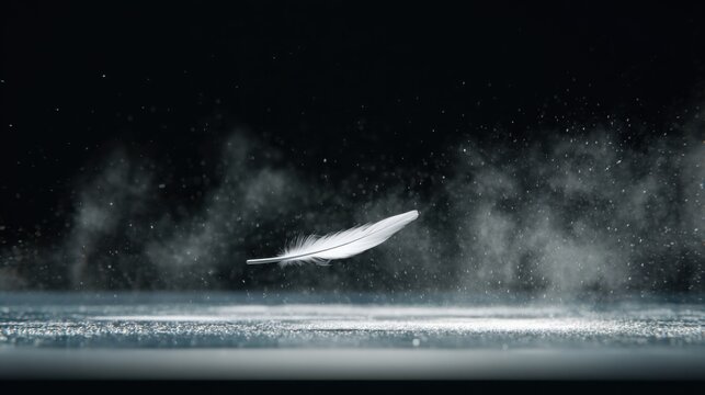 Single white feather suspended motionless in the center of a violent wind tunnel filled with blurred dust and particles, minimalist dark background
