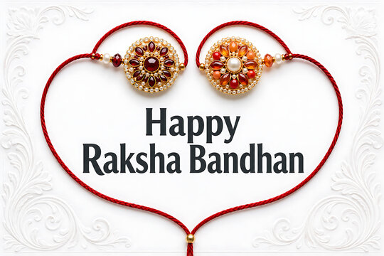 Happy raksha bandhan two jeweled rakhis forming heart shape with red threads on white ornamental background celebrating loving rakhi purnima bond celebration