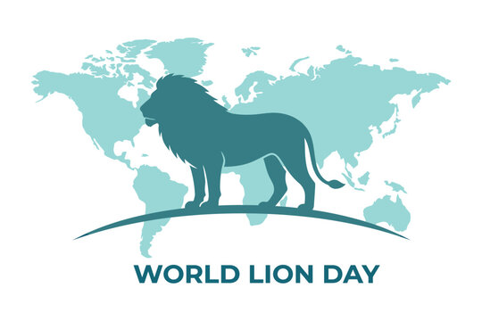 World lion day illustration with lion silhouette and world map