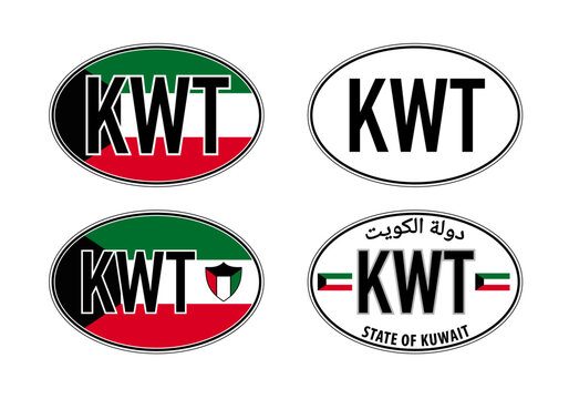 Kuwait, oval international vehicle registration code license plate car sticker, vector illustration