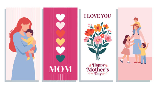 Set of mothers day greeting cards with mother and children illustrations