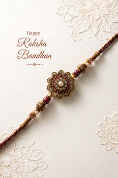 Happy raksha bandhan vintage floral rakhi with pearls and maroon beads on embossed ivory background celebrating elegant rakhi purnima festival tradition celebration