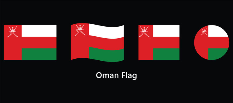Oman Flag Set with Waving, Circle and Rectangle Shapes Vector Illustration