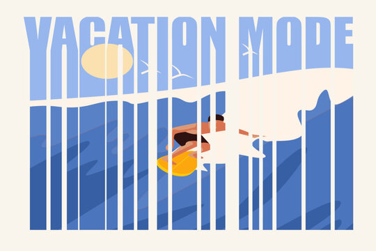 Vacation Mode Beach Kayaking Summer Travel Poster. Retro vacation illustration showing a kayaker enjoying calm blue water beneath a sunny sky, with bold Vacation Mode typography.