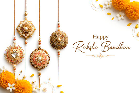 Happy raksha bandhan elegant golden floral rakhis with pearls and marigold flowers on white background celebrating graceful rakhi purnima festive tradition celebration