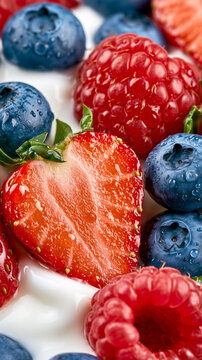 Fresh berry with creamy yogurt, seed, water droplet, juicy texture, natural caustic light, premium healthy breakfast nutrition, vibrant wellness food styling.