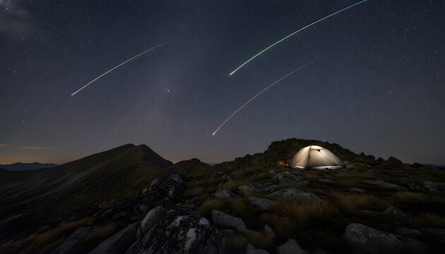 Illuminated camping tent on a rocky mountain peak while camping under meteor shower during Perseid meteor shower August night sky for outdoor adventure concept