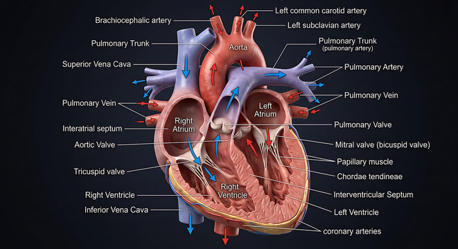 Anatomical Representation of the Human Heart's Chambers Valves and Major Vessels Illustrating Blood Flow and Cardiovascular System Structure for Medical Education and Scientific Exploration